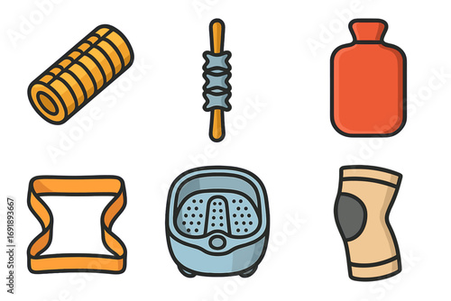 Fitness and recovery icon set. Physiotherapy equipment for self care and wellness. Roller, massager, hot water bottle, resistance band, foot spa, knee support vector icons.