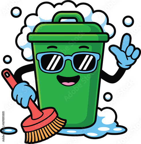 Happy cartoon green trash can wearing sunglasses holding a cleaning brush and giving a thumbs up