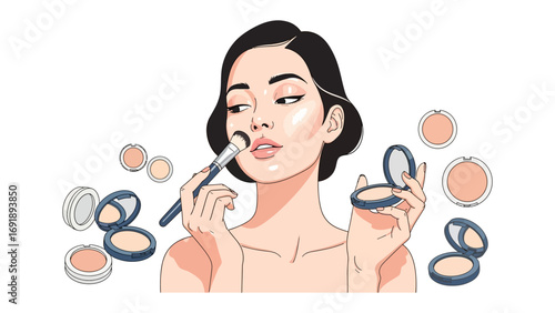 Young asian woman applying foundation powder with a brush surrounded by compact makeup products and beauty accessories on a white background