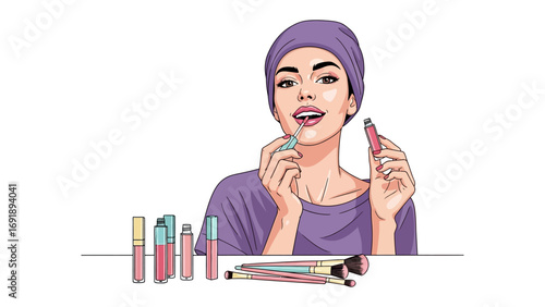 Young woman wearing a purple headscarf applying lip gloss with makeup brushes and lipsticks laid out on a table
