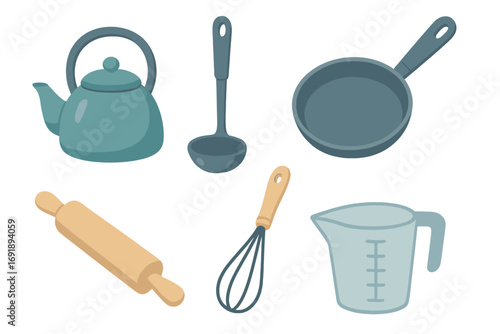 Kitchen tools icon set for cooking and baking. Vector collection of flat cartoon utensils: teapot, ladle, pan, rolling pin, whisk, measuring cup. Cookware illustration.