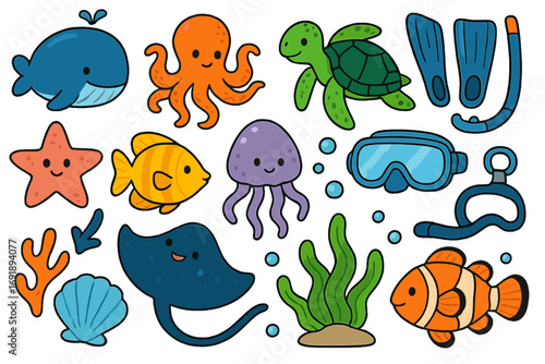 Cute sea animal cartoon set. Ocean life vector collection with whale, turtle, octopus, clownfish, starfish, jellyfish. Diving equipment illustration. Underwater marine icons pack.