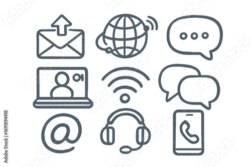 Hand-drawn communication icon set. Vector symbols for web design, contact us page, and customer support. Doodle line art for email, chat, call, and social media interface.