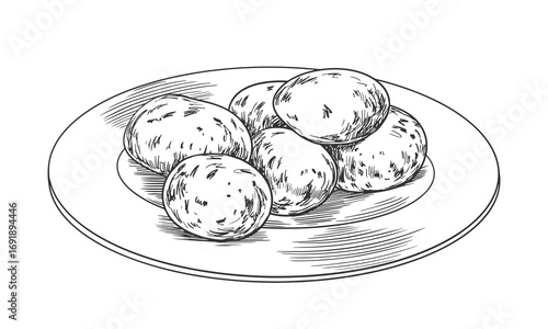 Boiled whole potatoes on a plate. Potato dish drawn in sketch style. Black and white engraved illustration