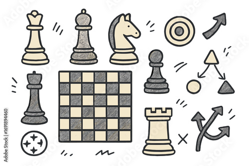 Chess game strategy concept. Hand drawn vector icon set with chess pieces, board, target, and arrows. Business tactic, competition, and solution planning metaphor illustration.