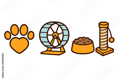 Pet supplies icon set. Vector cartoon illustration of paw print, hamster wheel, food bowl, cat scratching post. Animal care, pet shop, veterinary concept. Flat design graphic.