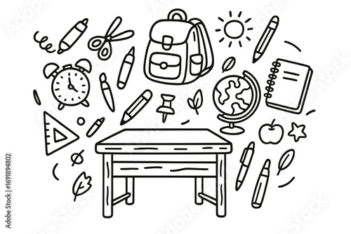Hand-drawn school supplies doodle set. Back to school concept with education icons. Vector cartoon illustration of classroom objects like desk, backpack, globe, and stationery.