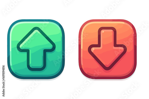 Gradient up and down arrow icons for trading and finance apps. Trendy buy and sell buttons. Vector cartoon illustration for stock market UI, increase and decrease symbols.