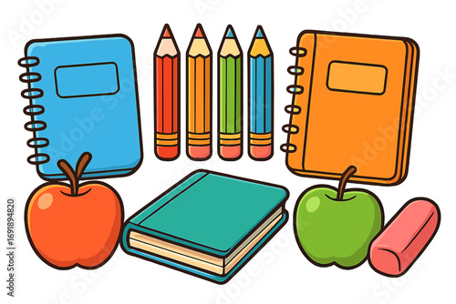 Back to school stationery set with colorful notebooks, pencils, book, and apples. Cartoon vector illustration for education and art supplies. Isolated clipart icons collection.