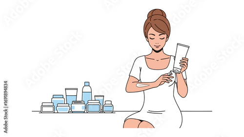 A smiling woman with her hair in a bun holds a cosmetic product in her hand next to a shelf of beauty products