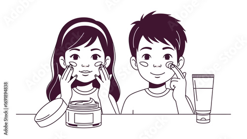 Adorable cartoon illustration of a young girl and boy applying facial cream or skincare products to their faces with happy expressions