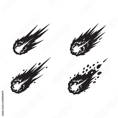 Collection of Black and White Meteor Illustrations Featuring Varied Designs and Impactful Comet Tail Shapes on a Clean White Background