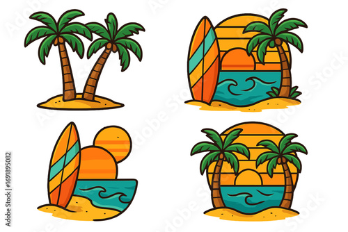Set of retro summer beach badges with palm trees and surfboards. Tropical island vacation cartoon vector illustration. Surfing paradise logo with ocean waves and sunset.