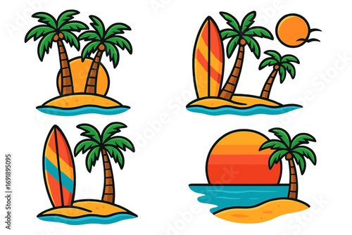 Tropical beach logo icon set. Vector cartoon illustrations of summer vacation scenes with palm trees on an island, ocean waves, beautiful sunset, and a colorful surfboard.