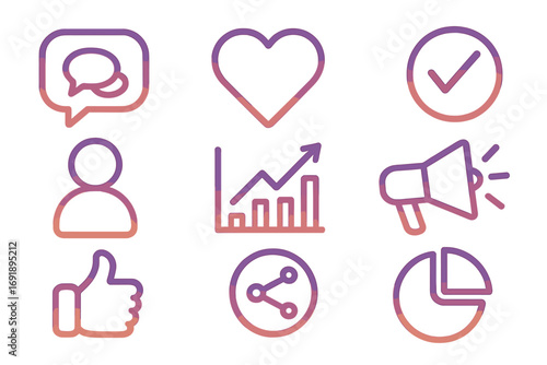 Vector social media marketing and analytics icon set. Gradient line art symbols for engagement, growth, and data analysis. Includes like, share, follow, and chart icons.