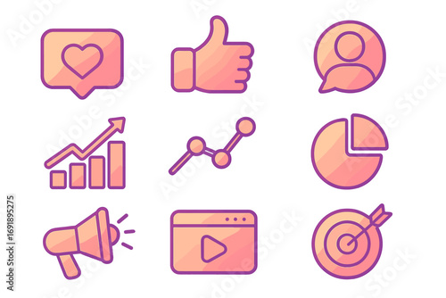Gradient social media marketing icon set. Vector icons for digital analytics, business statistics, engagement, and growth. Data visualization symbols like, target, video.