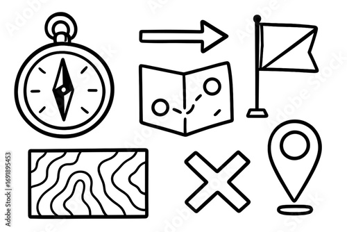 Hand drawn orienteering icon set with compass and map symbols. Vector cartoon line art for navigation, adventure, hiking, and travel concepts. Exploration elements collection.