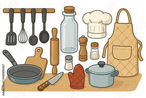 Cooking utensils and chef accessories icon set. Kitchen tools for food preparation. Vector cartoon illustration of pan, pot, knife, apron, hat, and rolling pin. Culinary equipment.