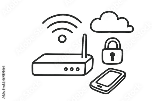 Vector cartoon illustration of wifi internet concept. Hand drawn doodle set with router, signal, cloud data, security padlock, and mobile smartphone for network connection.