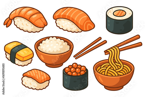 Cartoon collection of Japanese food icons. Sushi set with salmon nigiri, shrimp ebi, tamago, and ikura gunkan. Bowl of ramen noodles and rice with chopsticks. Asian food vector.