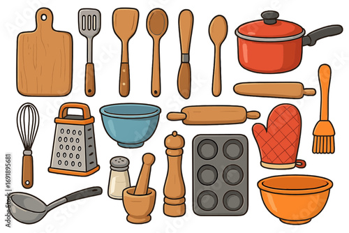 Vector cartoon collection of kitchen utensils and baking tools. Food preparation equipment set for home cooking with pot, rolling pin, whisk, and bowl. Culinary icons.