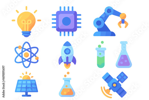 Technology and science icon set. Innovation, research, development concept. Rocket startup, AI chip, robot arm, atom, solar panel, satellite, lab flask vector icons. Flat cartoon style.