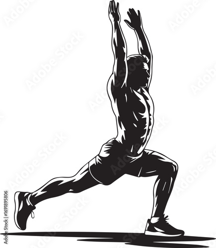 Dynamic fitness athlete silhouette demonstrating stretching and strength in artistic sketch style