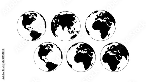 Earth globe views showing continents with transparent background