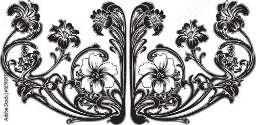 Elegant Floral Art Nouveau Design Featuring Symmetrical Flower Arrangements and Intricate Swirling Patterns in a Classic Black and White Aesthetic