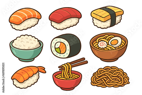 Japanese food set cartoon vector illustration. Sushi, ramen, rice and noodle collection. Asian cuisine icons. Nigiri with salmon, tuna, shrimp and maki roll. Isolated clip art.