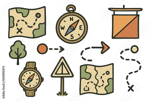 Hand-drawn orienteering icon set with map, compass, and route symbols. Vector cartoon elements for navigation, travel, hiking, adventure, and treasure hunt concepts.