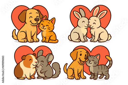 Cute animal couples in love. Cartoon pet pairs expressing friendship with a heart. Vector illustration set includes dog, cat, rabbit, guinea pig, and chinchilla characters.