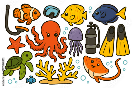 Cute sea animal collection with diving gear. Cartoon vector icon set for kids. Ocean life illustration with fish, octopus, turtle, clownfish. Scuba and snorkeling items.