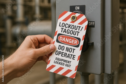 Lockout tagout safety tag on industrial switch prevents operation and ensures equipment safety