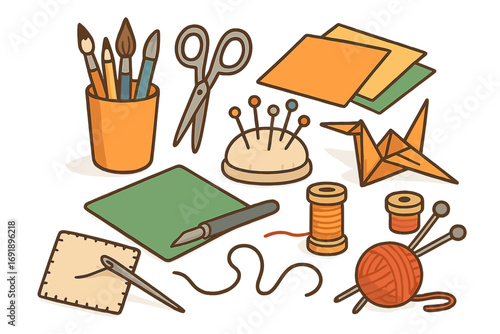 Craft supplies and hobby tools set. Vector illustration of items for sewing, knitting, painting, and origami. Handmade DIY concept with yarn, needles, paper, and brushes.