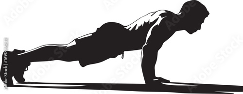 Muscular male fitness athlete silhouette performing push-up exercise on mat intense workout