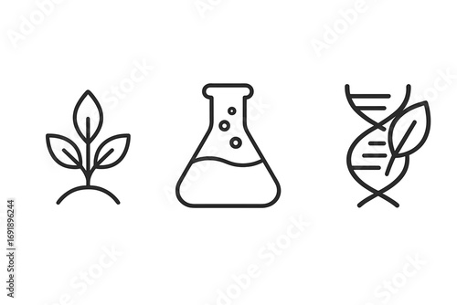 Biotechnology and eco science icons set. Line art for genetic engineering, nature research, chemistry lab. Vector symbols of plant growth, DNA, biology, gmo, experiment.