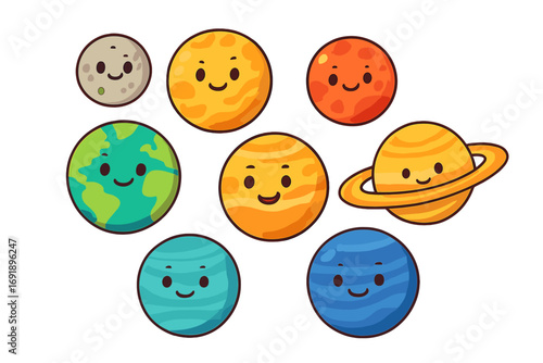 Cute cartoon planets of the solar system. Kawaii smiling faces characters set. Astronomy for kids. Vector illustration of Earth, Saturn, Jupiter. Space icon collection.