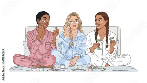 Three diverse young women in pajamas enjoying a relaxing nighttime skincare routine together applying face masks and serums in a cozy bedroom setting