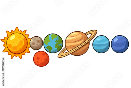 Solar system planets vector cartoon illustration. Colorful playful design for kids education on astronomy. Sun, Earth, Saturn, Mars and other celestial bodies in space.