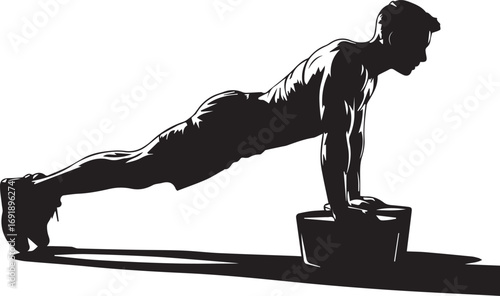 Fit athletic man silhouette performing pushups on blocks for strength training exercise