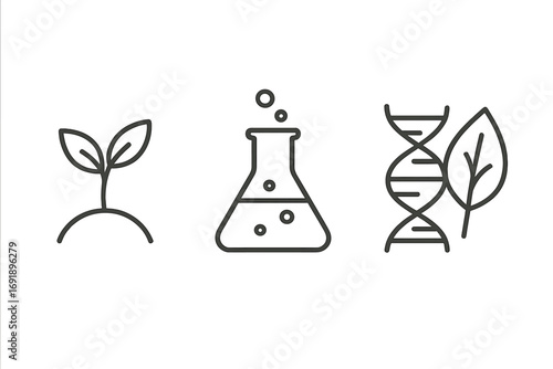 Biotechnology icons set. Eco science, nature, and laboratory symbols. Vector illustration for genetic engineering, GMO, biology, DNA research, and chemistry. Plant sprout.