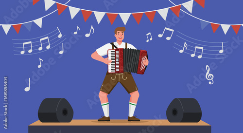 A lively flat design illustration of a Bavarian man in traditional attire playing an accordion, capturing the musical spirit of Oktoberfest.