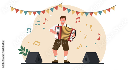 A lively flat design illustration of a Bavarian man in traditional attire playing an accordion, capturing the musical spirit of Oktoberfest.