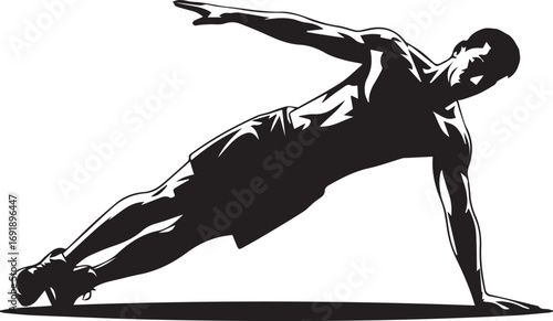 Athletic man silhouette performing side plank exercise focused on core strength and fitness