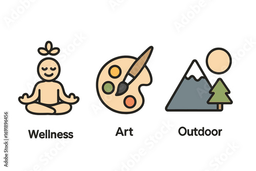 Lifestyle icon collection for wellness, art, and outdoor hobbies. Vector line art of meditation, painting palette, and mountain landscape for healthy living and creative pursuits.