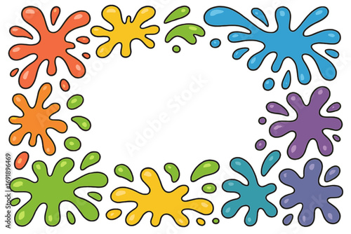 Colorful paint splashes frame border. Vector cartoon background with copy space for text. Creative artistic design element. Abstract ink splatters, liquid drops, and paint blobs.
