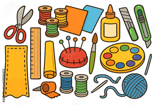 Colorful crafting tools and art supplies set. Vector cartoon illustration for creative projects. Sewing, painting, and DIY hobby materials collection. Doodle drawing style.