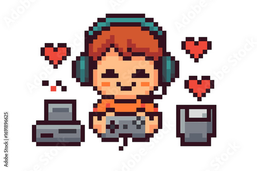 Pixel art gamer character playing video games. Cute boy with headset and controller on retro console. 8 bit vector icon for gaming, esports stream and geek culture. Love game concept.