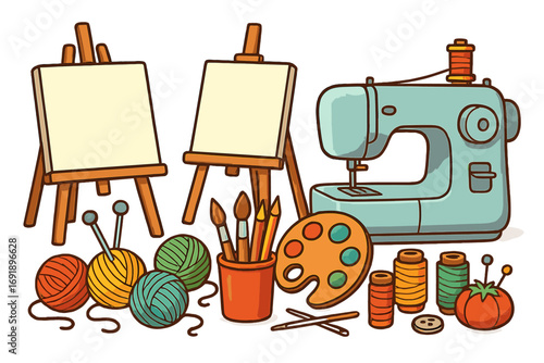 Art and craft supplies collection. Vector cartoon illustration of creative hobbies like painting, sewing, and knitting. Workshop tools with easel, sewing machine, and yarn.